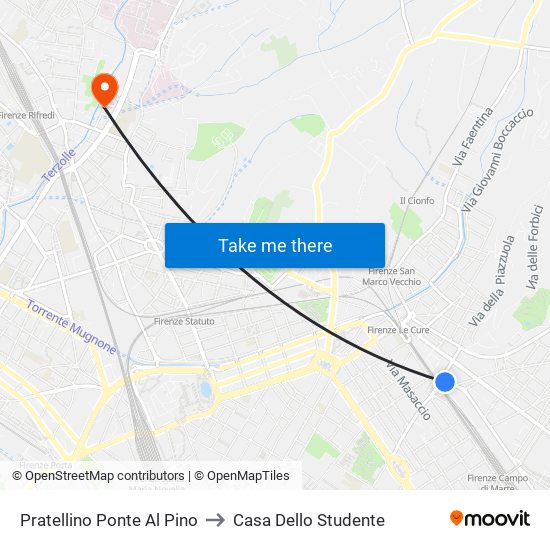 Pratellino Ponte Al Pino to Casa Dello Studente map
