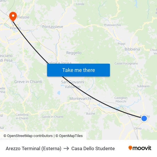 Arezzo Terminal (Esterna) to Casa Dello Studente map