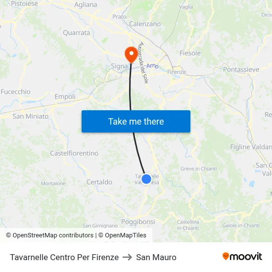 Tavarnelle Center To Florence to San Mauro map