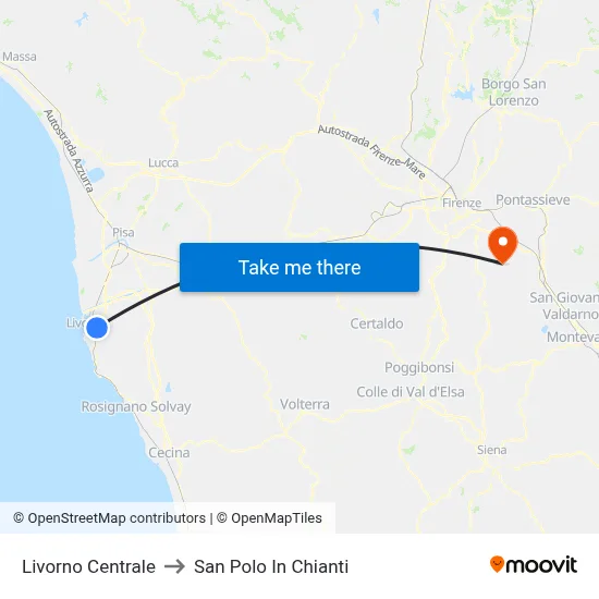 Livorno Central to San Polo In Chianti map
