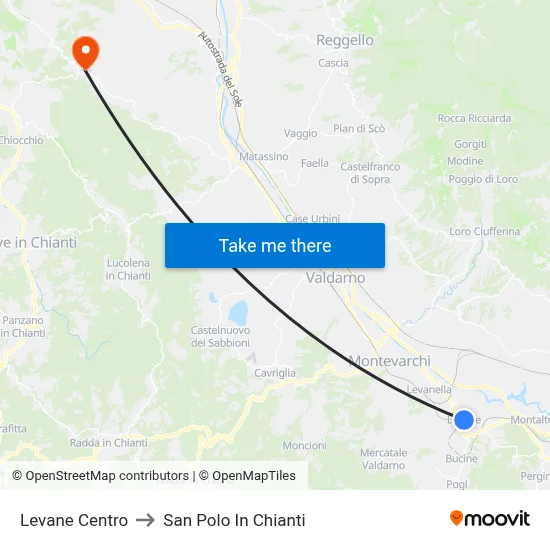 Levane Center to San Polo In Chianti map