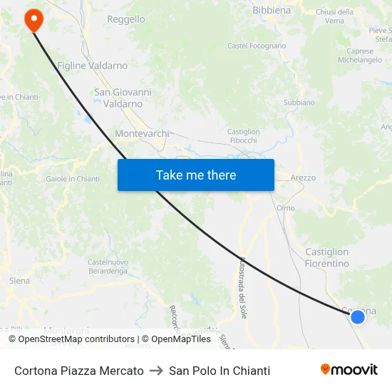 Cortona Market Square to San Polo In Chianti map