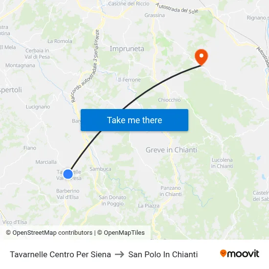 Tavarnelle Center To Siena to San Polo In Chianti map