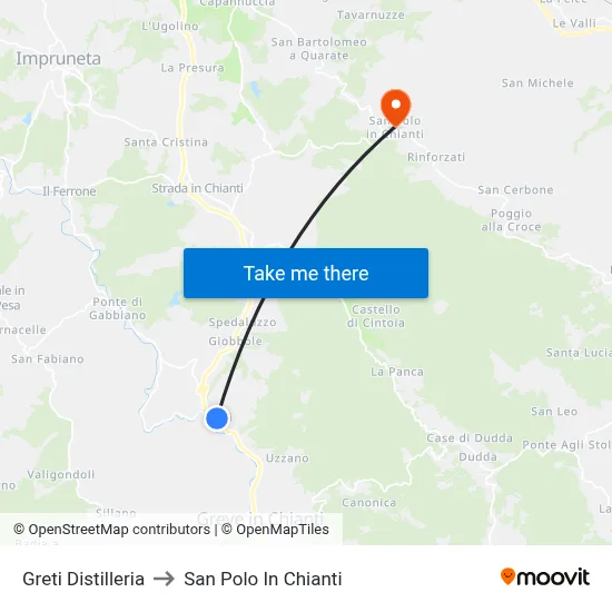 Greti Distillery to San Polo In Chianti map
