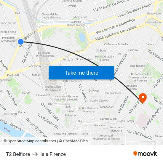 T2 Belfiore to ISIA Florence map