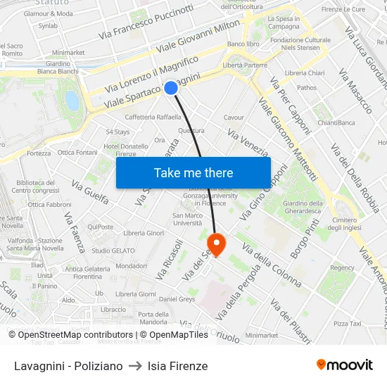 Lavagnini - Poliziano to ISIA Florence map
