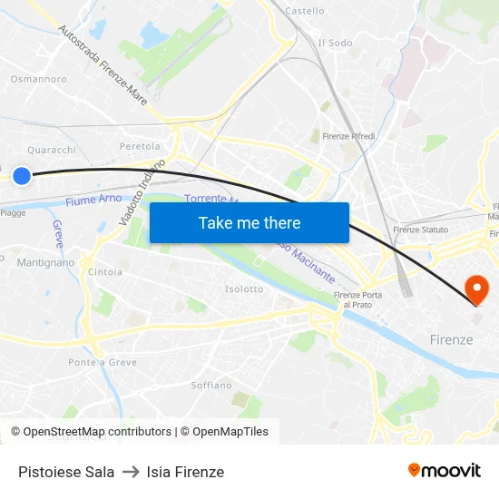 Pistoiese Sala to ISIA Florence map