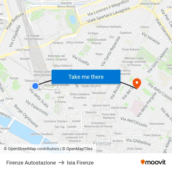 Florence Bus Station to ISIA Florence map