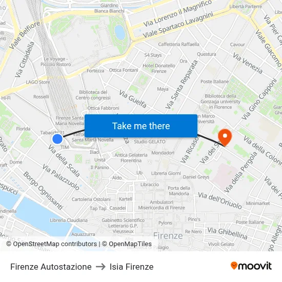 Florence Bus Station to ISIA Florence map