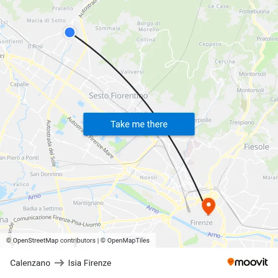 Calenzano to ISIA Florence map