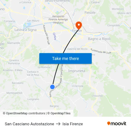 San Casciano Bus Station to ISIA Florence map