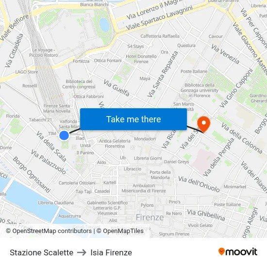 Scalette Station to ISIA Florence map