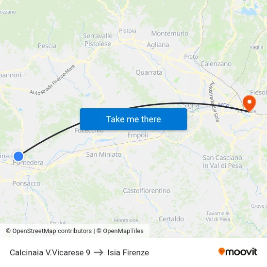 Calcinaia Vicarese Road 9 to ISIA Florence map