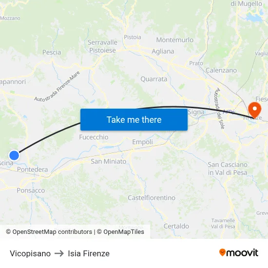 Vicopisano to ISIA Florence map