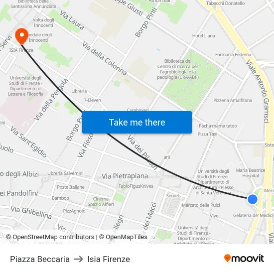 Beccaria Square to ISIA Florence map