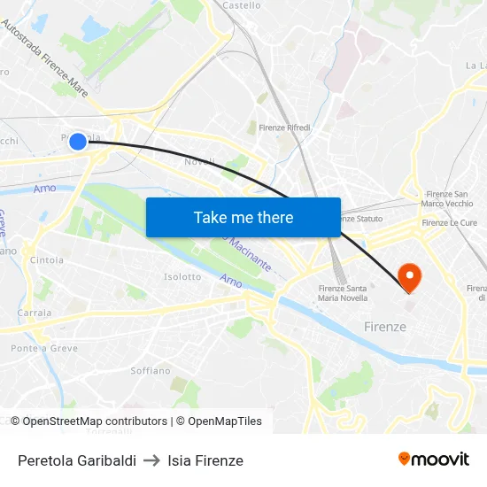 Peretola Garibaldi to ISIA Florence map