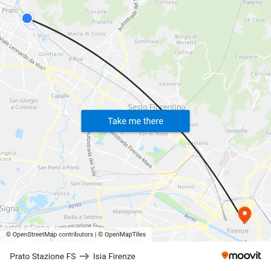 Prato Railway Station to ISIA Florence map