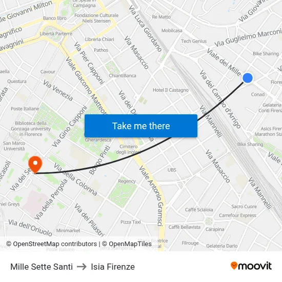Mille Sette Santi to ISIA Florence map