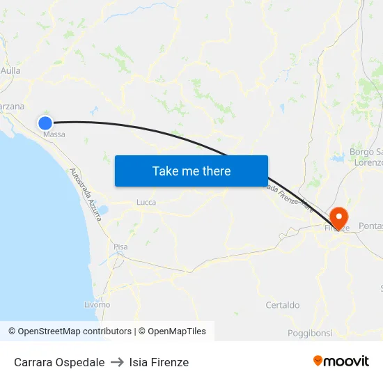 Carrara Hospital to ISIA Florence map