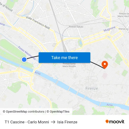 T1 Cascine - Carlo Monni to ISIA Florence map