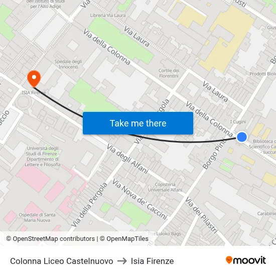 Colonna Castelnuovo High School to ISIA Florence map