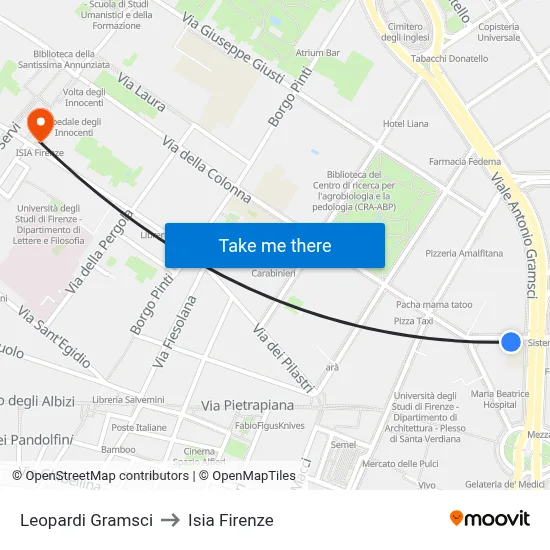 Leopardi Gramsci to ISIA Florence map