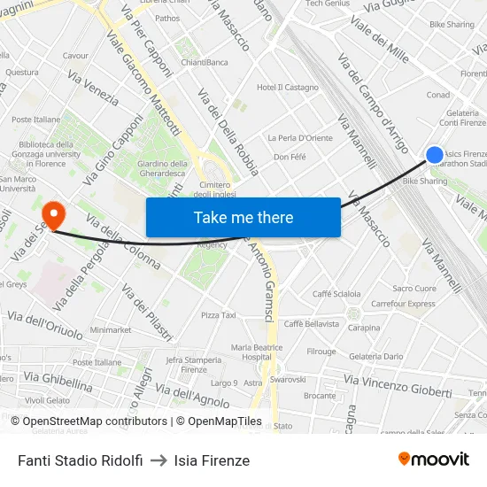 Ridolfi Stadium Fanti to ISIA Florence map