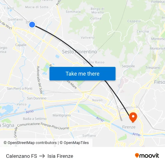 Calenzano Station to ISIA Florence map