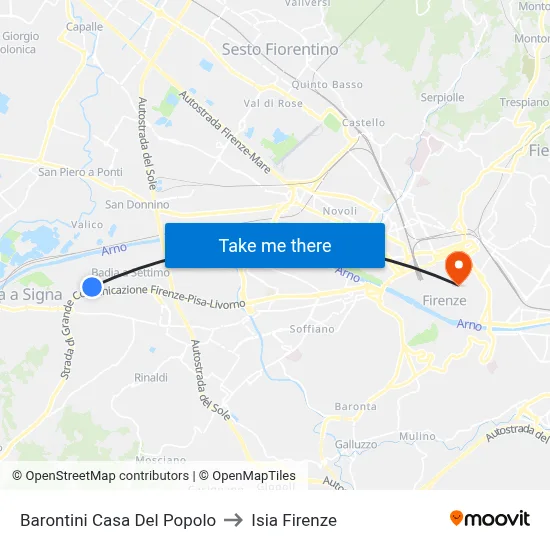 Barontini Community Center to ISIA Florence map