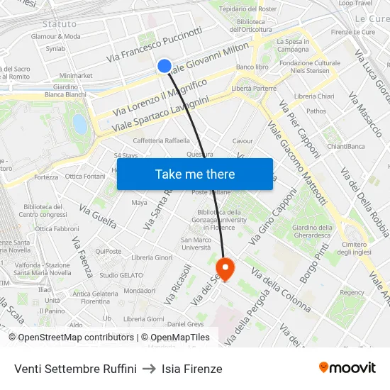 Venti Settembre Ruffini to ISIA Florence map