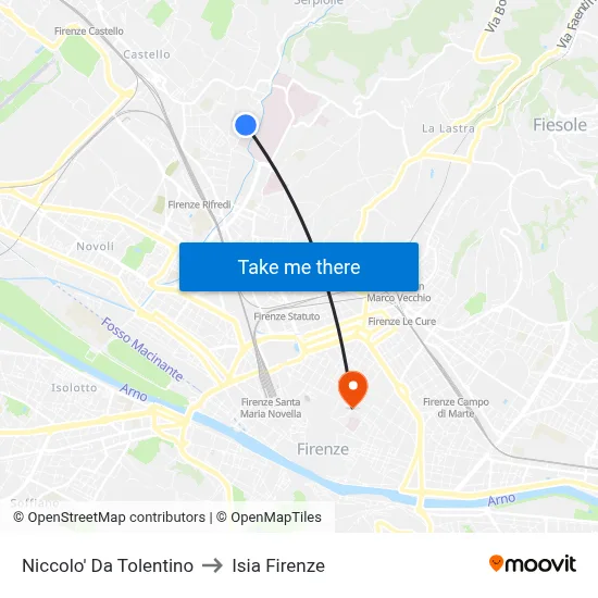 Niccolo da Tolentino to ISIA Florence map