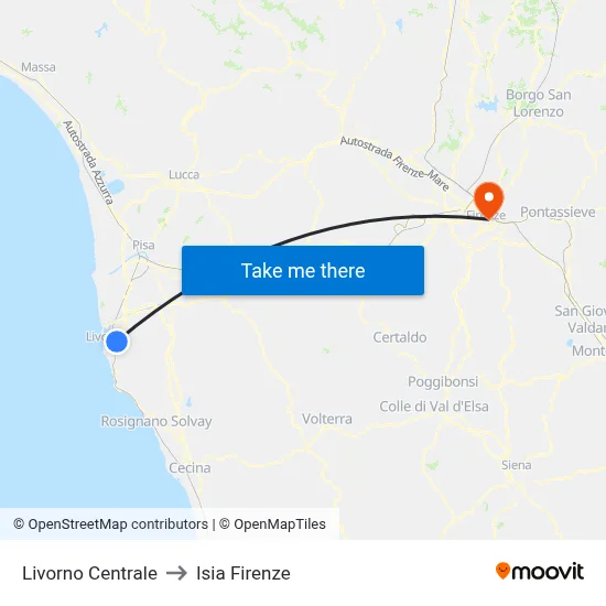 Livorno Central to ISIA Florence map