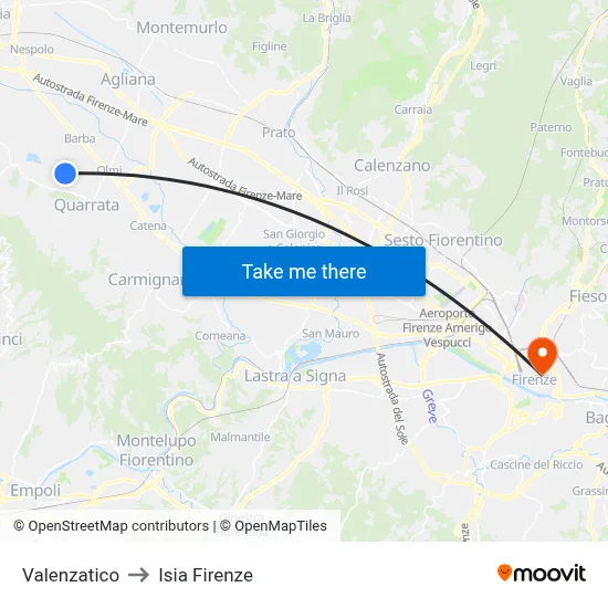 Valenzatico to ISIA Florence map