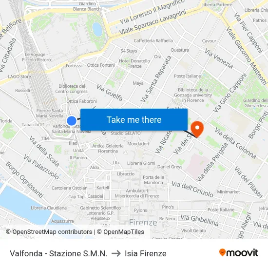 Valfonda - Santa Maria Novella Station to ISIA Florence map