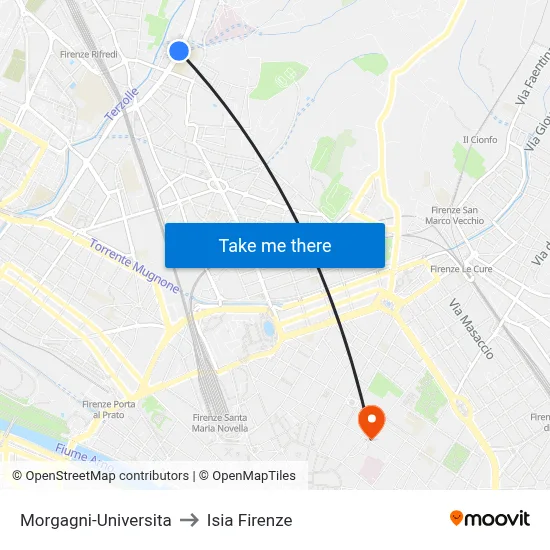 Morgagni-University to ISIA Florence map