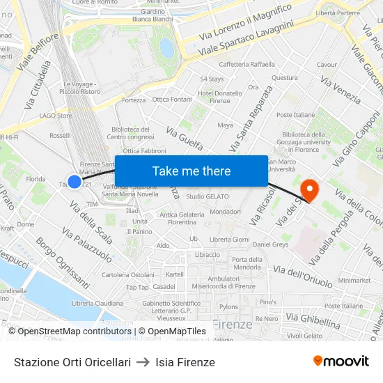 Orti Oricellari Station to ISIA Florence map