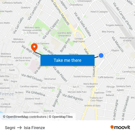 Segni to ISIA Florence map