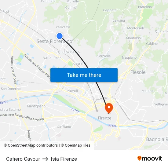 Cafiero Cavour to ISIA Florence map