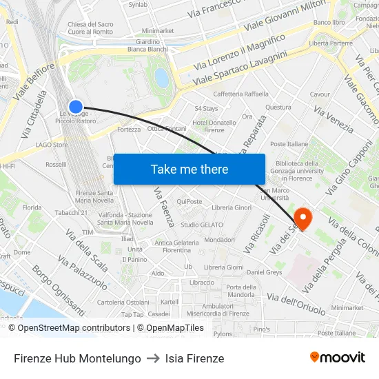 Florence Montelungo Hub to ISIA Florence map