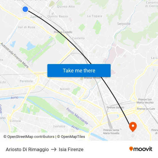 Ariosto Di Rimaggio to ISIA Florence map