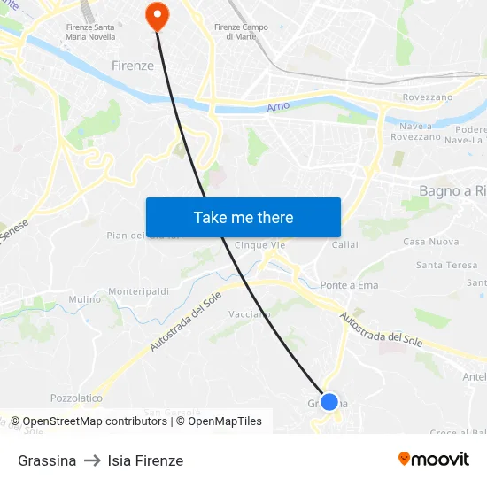 Grassina to ISIA Florence map