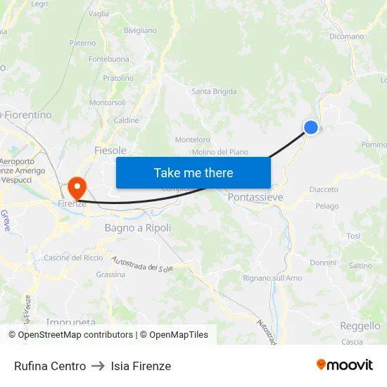 Rufina Center to ISIA Florence map