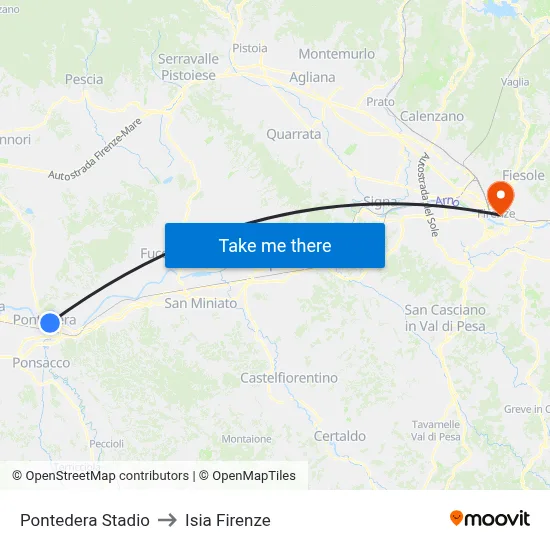 Pontedera Stadium to ISIA Florence map