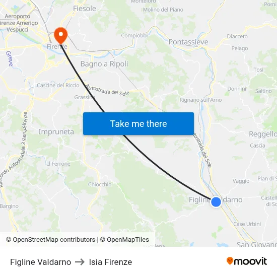 Figline Valdarno to ISIA Florence map