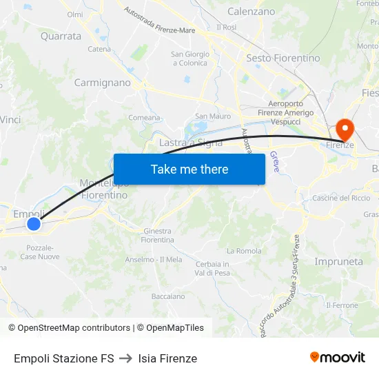 Empoli Railway Station to ISIA Florence map