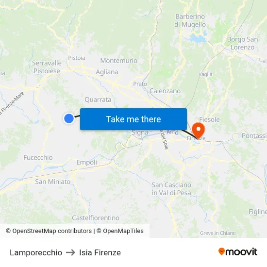 Lamporecchio to ISIA Florence map