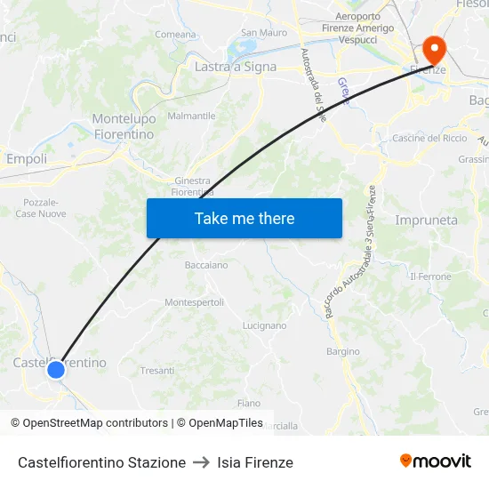 Castelfiorentino Station to ISIA Florence map