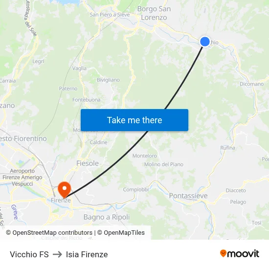 Vicchio Railway Station to ISIA Florence map