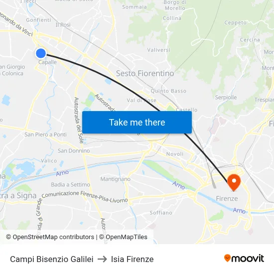Campi Bisenzio Galilei to ISIA Florence map