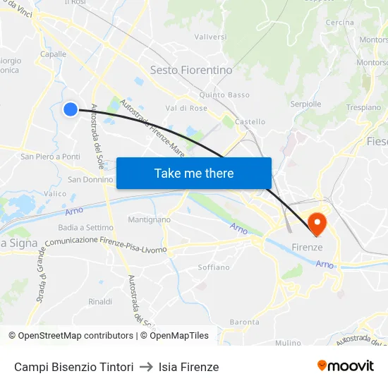 Campi Bisenzio Tintori to ISIA Florence map